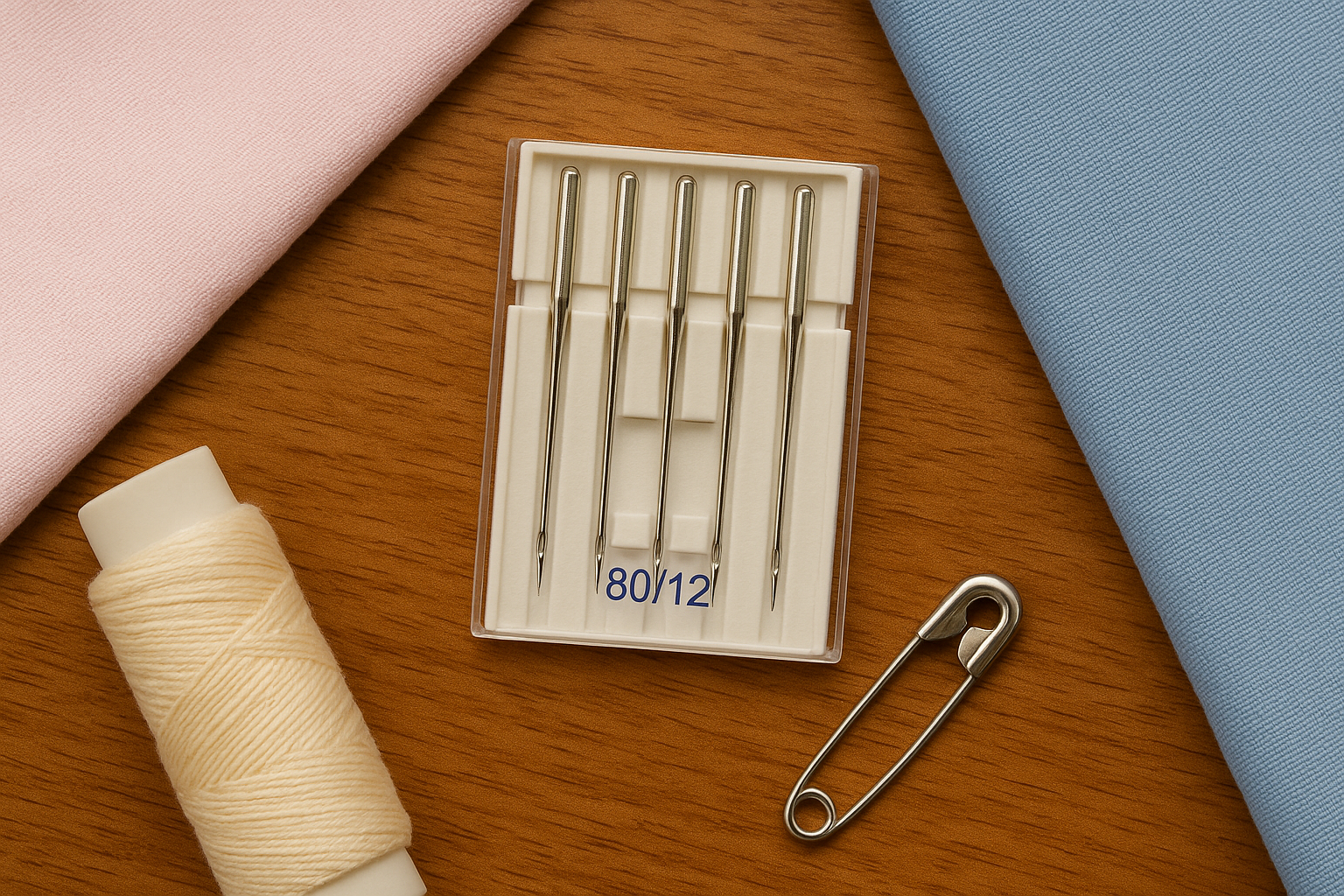 Image of pack of 80/12 sewing needles, with thread and safety pin